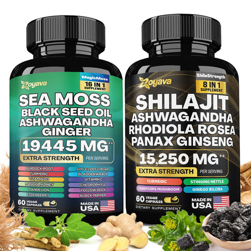 Zoyava Dynamic Vitality Bundle - Sea Moss 7000mg, Black Seed Oil 4000mg, Ashwagandha 2000mg, Ginger & Shilajit 9000mg, Rhodiola Rosea 1000mg, Panax Ginseng 1500mg, All in 1 Supplements (1 Pack)