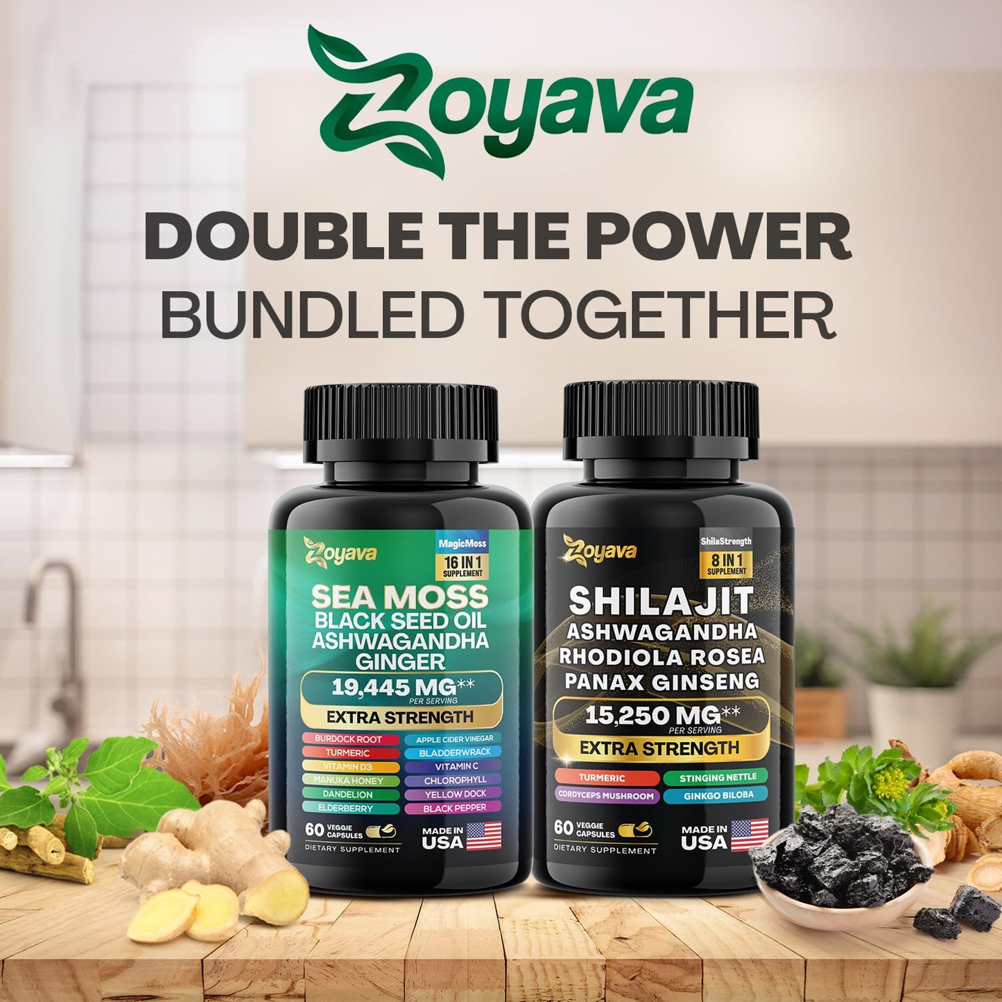 Zoyava Dynamic Vitality Bundle - Sea Moss 7000mg, Black Seed Oil 4000mg, Ashwagandha 2000mg, Ginger & Shilajit 9000mg, Rhodiola Rosea 1000mg, Panax Ginseng 1500mg, All in 1 Supplements (1 Pack)