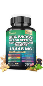 Zoyava Dynamic Vitality Bundle - Sea Moss 7000mg, Black Seed Oil 4000mg, Ashwagandha 2000mg, Ginger & Shilajit 9000mg, Rhodiola Rosea 1000mg, Panax Ginseng 1500mg, All in 1 Supplements (1 Pack)