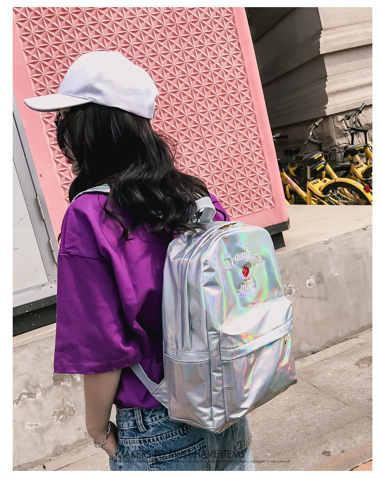 Strawberry Milk Embroidery PU School Bag