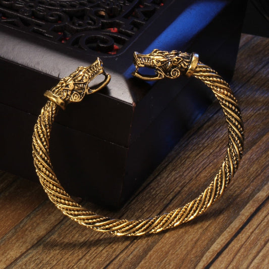 Vintage Viking Wolf Head Cuff Bracelet