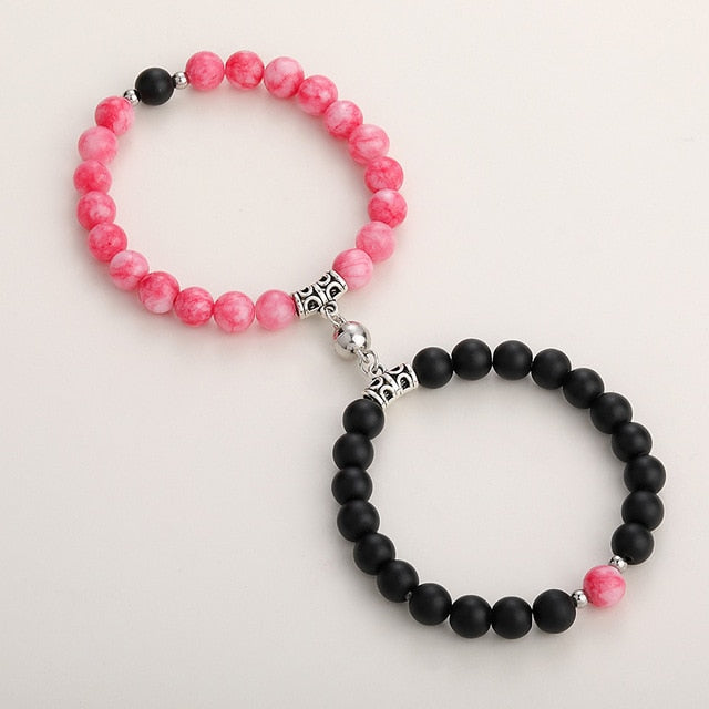 2pcs/set Natural Stone Magnetic Heart  Bead Bracelet For Friendship Couples